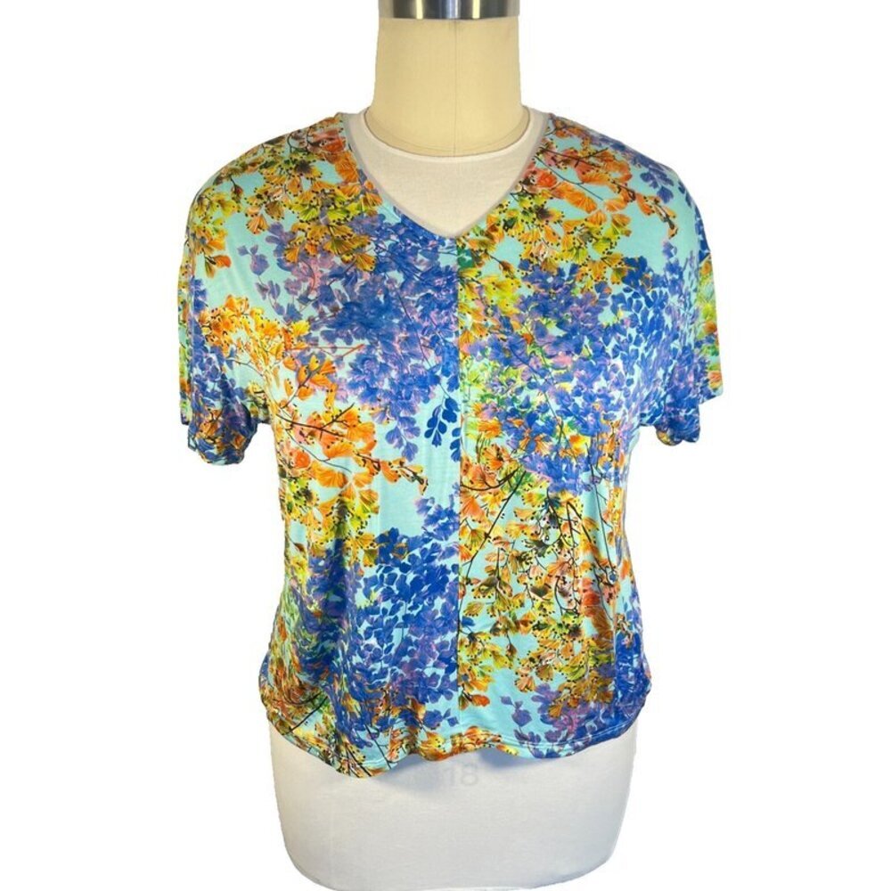 Juniper + Lime - Womens XL Blouse Short Sleeve V-Neck Center Seam Floral Chintz